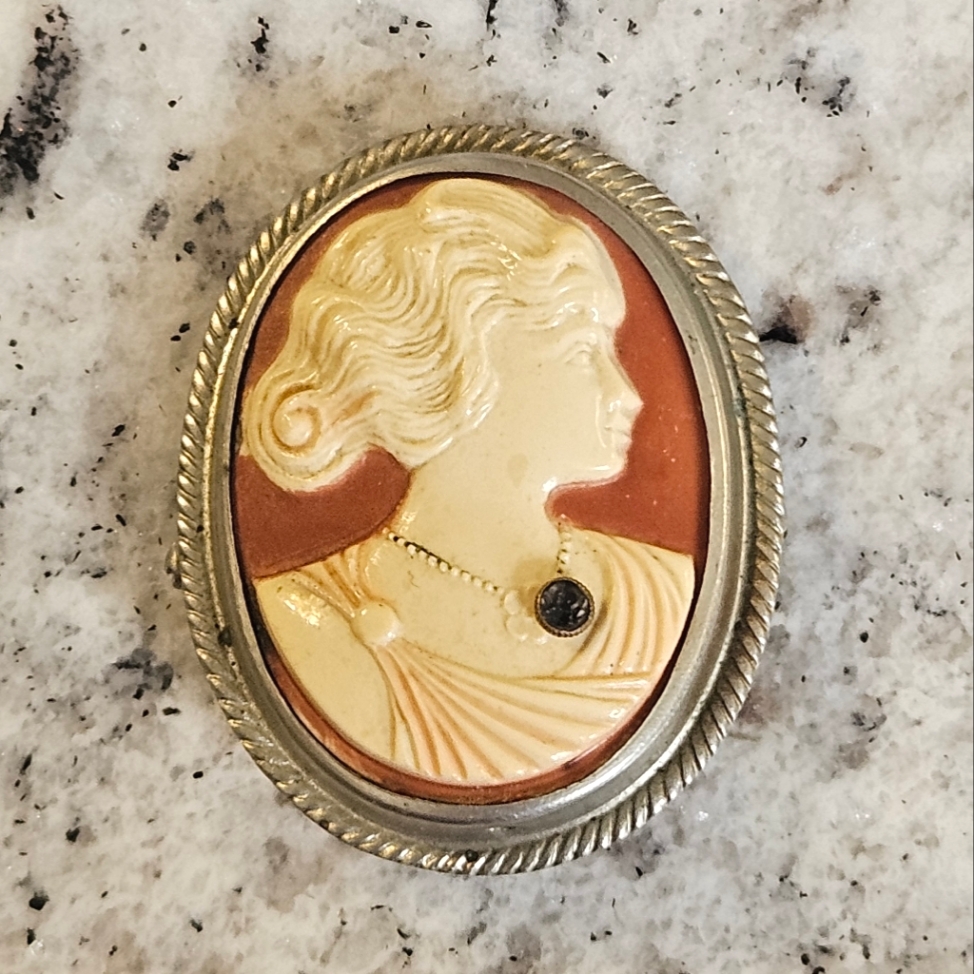 Antique Early Plastic Celluloid Cameo Brooch Lady W Rhinestone Necklace C Clasp 34$